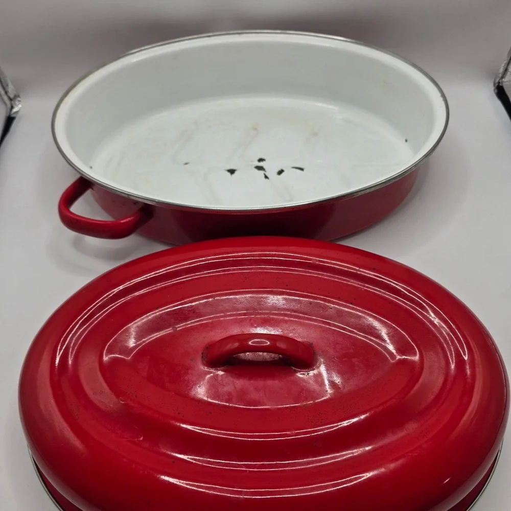 Vintage Red Enamel Roasting Pan Oval Lid Farmhouse Rustic Decor Primitive Roast
